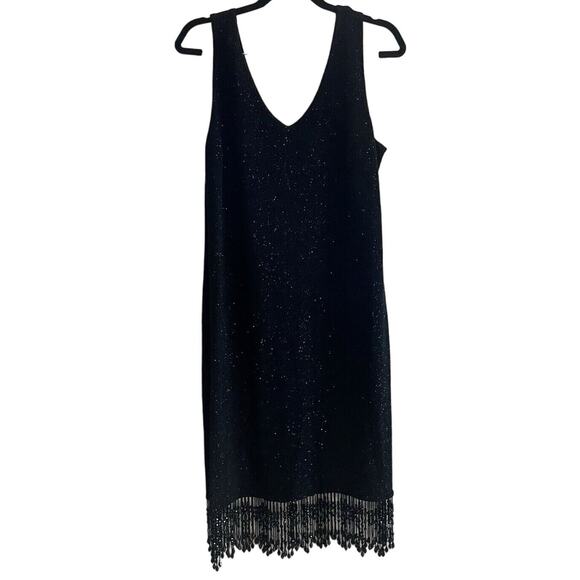 Vintage 90s Jeffrey & Dara Black Glitter Dress 14W Beaded Fringe Hem Flapper - Picture 1 of 11